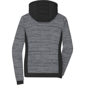 A padded hybrid jacket in grey and black, featuring a stylish striped design and a hood. Includes a logo.