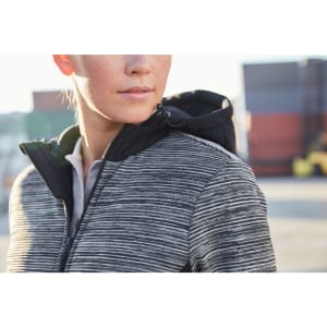 A padded hybrid jacket featuring a black hood and a textured grey body, designed for women. It has a logo on the jacket.