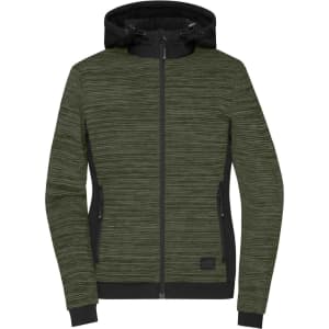 A padded hybrid jacket in olive green with a black hood and zippered pockets, featuring a logo.