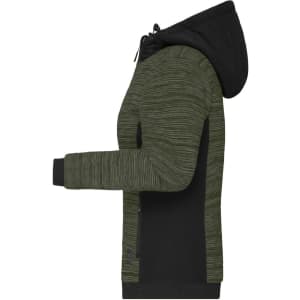 A padded hybrid jacket in black and olive green, featuring a hood and a zippered front. The jacket has a logo.