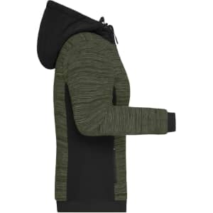 A ladies padded hybrid jacket featuring a mix of olive green and black with a hood and side panels. It has a logo on it.