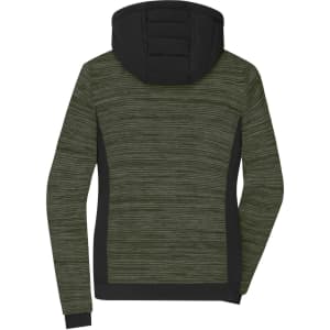 A padded hybrid jacket in olive green and black, featuring a textured back and hood, with a logo present.