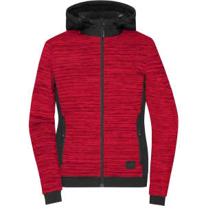 A red and black ladies padded hybrid jacket with a zip front and hood, featuring a logo on the side.