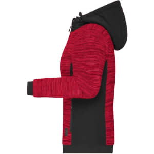 A red and black ladies padded hybrid jacket with a hood, featuring a stylish textured design and a logo.