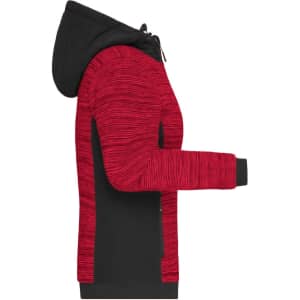 A padded hybrid jacket featuring a red textured body and black sleeves, with a hood and zippered front. Includes logo branding.