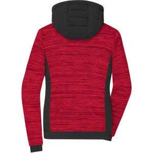 A padded hybrid jacket in red and black with a hood, featuring a textured design and fitted silhouette.