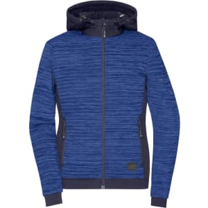 A ladies' padded hybrid jacket in blue with a striped pattern and a hood, featuring a logo on the front.