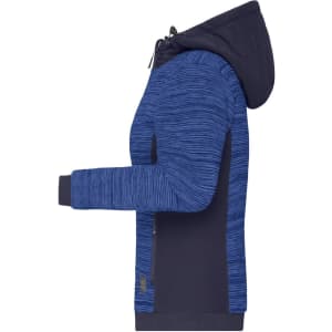 A ladies padded hybrid jacket featuring a navy and blue design with a hood and a logo.
