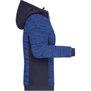 A padded hybrid jacket in shades of blue, featuring a hood and a side zip. Includes a logo on the sleeve.