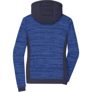 A women’s padded hybrid jacket in navy blue with a textured design and a hood. Features a logo on the back.