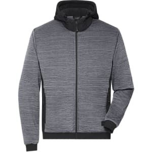 A men's padded hybrid jacket in grey with black accents and a hood. It features a zip front and long sleeves.
