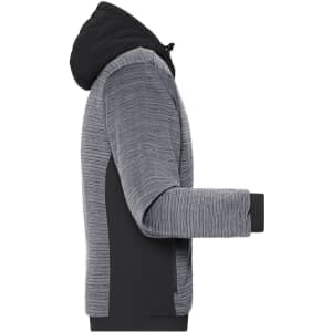 A hybrid jacket featuring a grey and black design with a hood, showcasing a side view and padded texture.