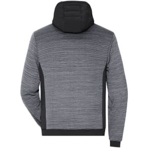 A padded hybrid jacket in grey with a black hood. It features a textured design and a logo.