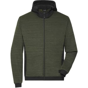 A men's padded hybrid jacket in olive green with a hood and textured fabric, featuring a logo on the chest.