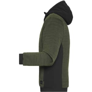 A green and black men's padded hybrid jacket with a hood, featuring textured fabric and a logo.
