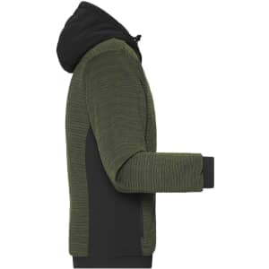 A men's padded hybrid jacket in olive green and black, featuring a hood and textured fabric. It has a logo on the garment.