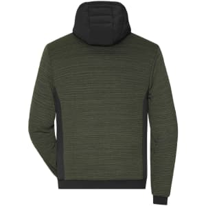 A men's padded hybrid jacket in olive green with a black hood and textured detailing on the back.