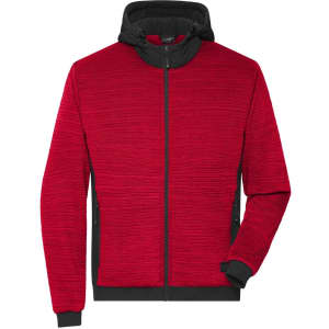 A red padded hybrid jacket with a hood and textured fabric, featuring black accents and a zip front.