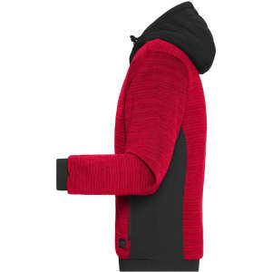 A red and black men's padded hybrid jacket featuring a hood and knit texture with a logo.