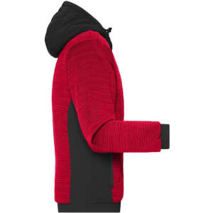 A red and black men's padded hybrid jacket, featuring a hood and side panel design. It has a logo on the sleeve.