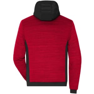 A red and black padded hybrid jacket featuring a hood and textured fabric. The jacket has a logo on it.