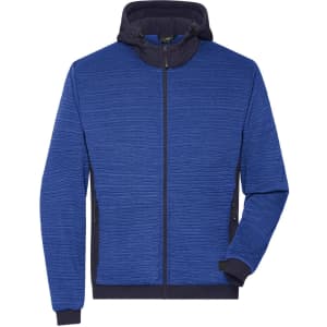 A men's padded hybrid jacket in blue with a hood, featuring a textured design and zippered front.