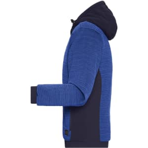 A blue men's padded hybrid jacket featuring a hood and textured fabric on one side. It has a branding logo.