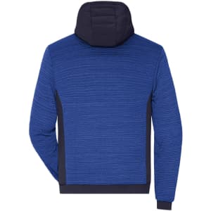 A men's padded hybrid jacket in blue with a black hood and contrasting side panels. It features a textured design and a logo.