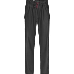 Black rain-pants with an elastic waistband and red drawstring, featuring side ventilation details and a logo.