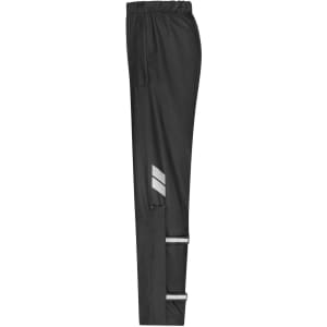 Black worker rain-pants with reflective detailing and an elastic waistband, featuring pockets on the sides.