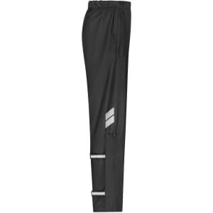 Black rain-pants with an elastic waistband and reflective details, featuring a side pocket. Has a logo.
