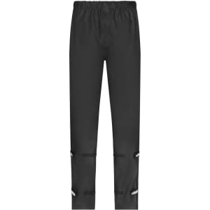 A pair of black rain-pants with an elastic waistband and adjustable straps at the legs, featuring a logo.