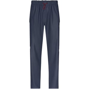 Dark navy rain pants with an elastic waistband and drawstring, featuring reflective details and a logo.
