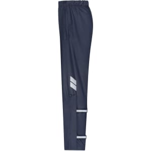 Navy rain-pants featuring a waistband, reflective accents, and side pockets. The pants have a sleek, functional design.