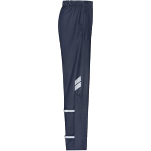 Navy rain pants featuring an elastic waistband and reflective details, designed for workwear use.