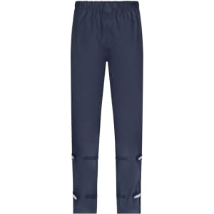 Navy blue rain pants with an elastic waistband and reflective detailing at the hem. Suitable for outdoor work.