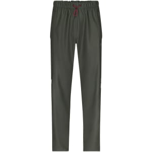 Worker Rain-Pants in dark green with an elastic waistband and drawstring, featuring side zip pockets and a logo.