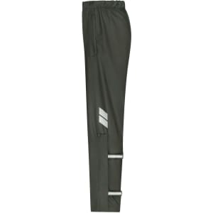 A pair of dark green rain pants featuring reflective stripes, with an elastic waistband and side pockets.