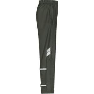 Worker rain pants in dark green with reflective detailing, featuring an elastic waistband and side pockets.