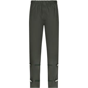 Worker rain-pants in dark green with an elastic waistband and adjustable straps at the ankles. Features a logo.