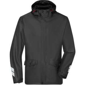 A black rain jacket featuring reflective stripes and a hood, with front pockets and a logo.