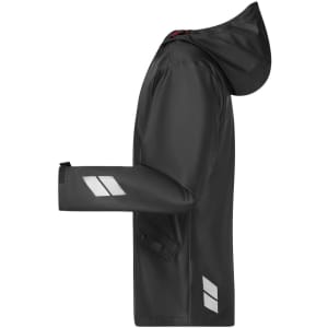A black worker rain jacket with a hood and reflective detailing on the sleeves. It features one logo.