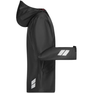 A black rain jacket featuring a hood and reflective detailing, with a side view showcasing its design and fit.