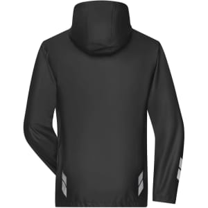 A black rain jacket with a hood, featuring reflective detailing on the sleeves and back. It has a logo.