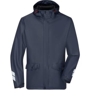 A navy rain jacket designed for workwear, featuring reflective stripes and a hood. The jacket has a logo on it.