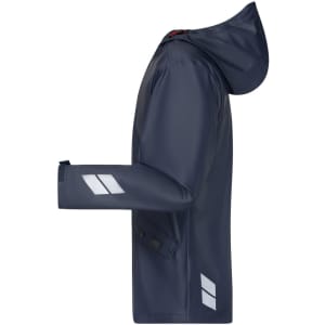 A navy rain jacket with a hood and reflective detailing, featuring a logo on the sleeve.