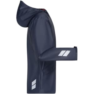A navy rain jacket with a hood, featuring reflective accents and a side pocket. It has a logo on the sleeve.