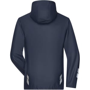 A navy rain jacket with a hood and reflective details on the sleeves, featuring a branding logo.