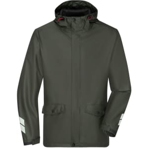 A green rain jacket with a hood featuring reflective stripes and a logo. It has front pockets and a zip closure.