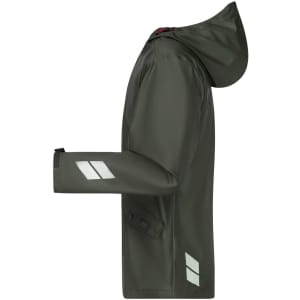 A green rain jacket with a hood, featuring reflective stripes and a logo. Side view.